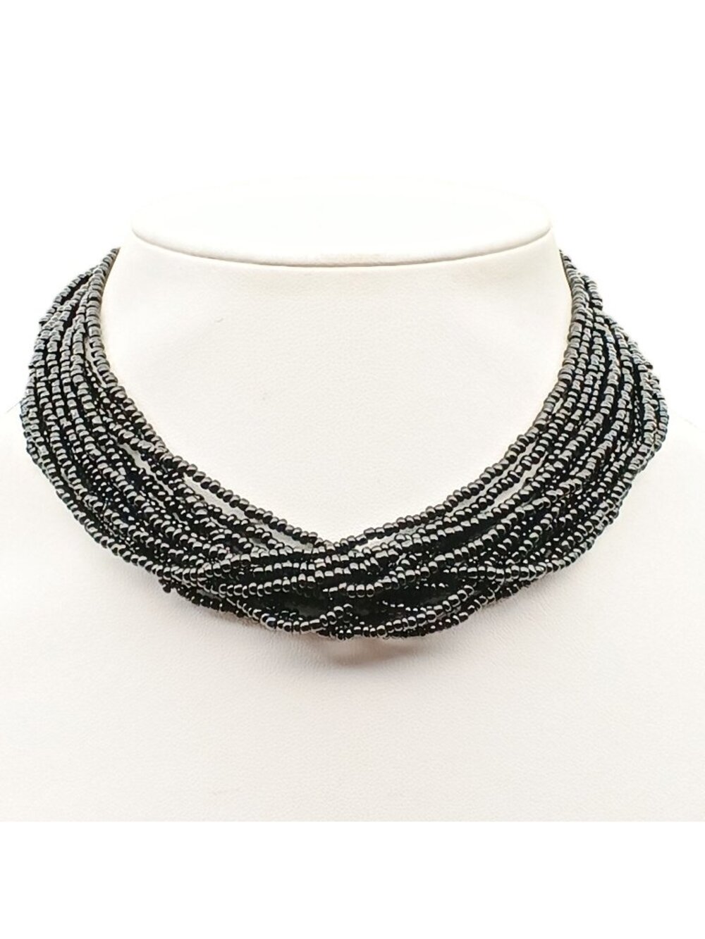 Black Multi-Strand Beaded Choker Necklace - Handcrafted Statement Jewelry Adjust